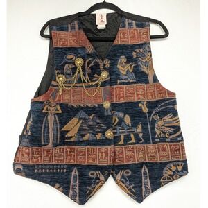 SAM Accoutrements Egyptian Hieroglyph Tapestry Vest‎ Gold Chain Detail Large